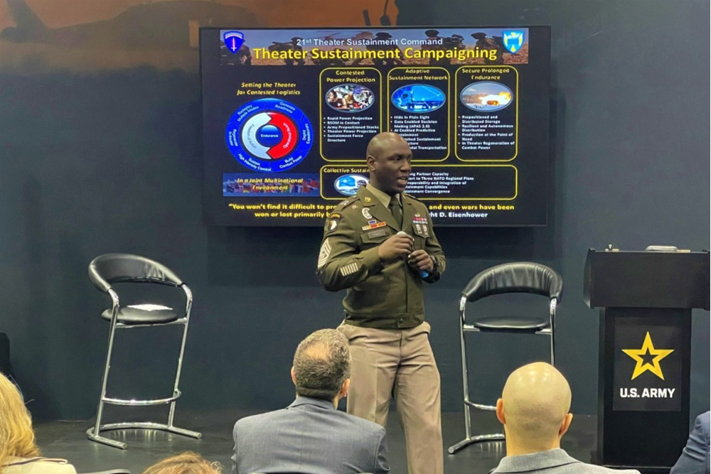 Command Sgt. Maj. Kofie Primus, senior enlisted advisor, 21st Theater Sustainment Command discusses lessons learned from support to Ukraine from a logistical perspective at the Association of the United States Army Global Force Symposium Exposition March 26 in Huntsville, Alabama. The 21st TSC Campaign plan contains four lines of effort that can be utilized for the entire sustainment enterprise built from lessons learned from Ukraine: Contested Power Projection, Adaptive Sustainment Network, Secure Prolonged Endurance and Collective Sustainment. (Maj. Vonnie Wright)
