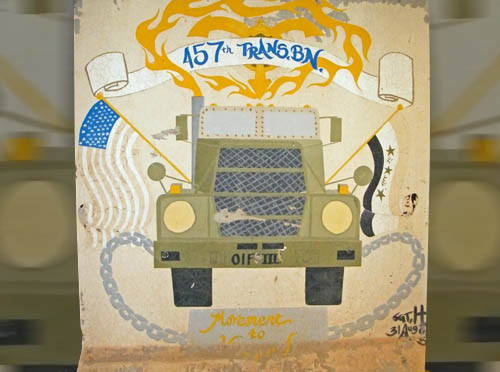 The large, flat surface of the typical Texas barrier was often used by units for artwork that symbolized their unit and mission of the 457th Transportation Battalion.