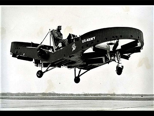 Airgeep II VZ-8P (B)'flying jeep' a Vertical Takeoff and Landing (VTOL) experimental vehicle in flight. 
