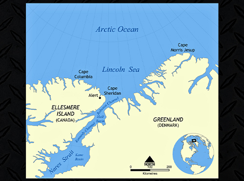 A map of Northern Greenland, Northern Canada, and the Artic Ocean.