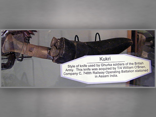 This kukri was acquired by T/4 William O’Brien of Co. C, 748th Railway Operating Battalion, while stationed in Assam, India, during World War II.
