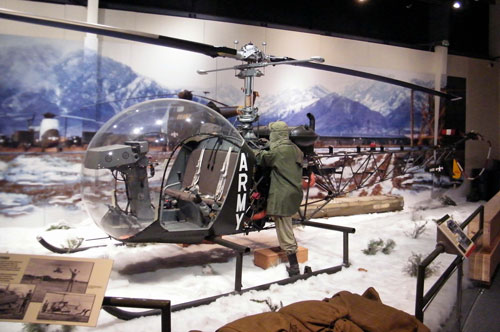 The H-13 Sioux is an exhibit in the Korean War section of the Transportation Museum.
