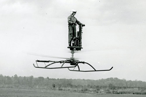 Captain Selmer Sundby was the test pilot for this Aerocycle at Fort Eustis in 1956.