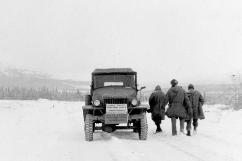 The first truck in Dawson Creek on the ALCAN during a snow storm.