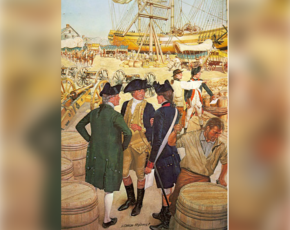 Artwork of U.S. Army Soldiers unloading and loading cargo during the Revolutionary War.